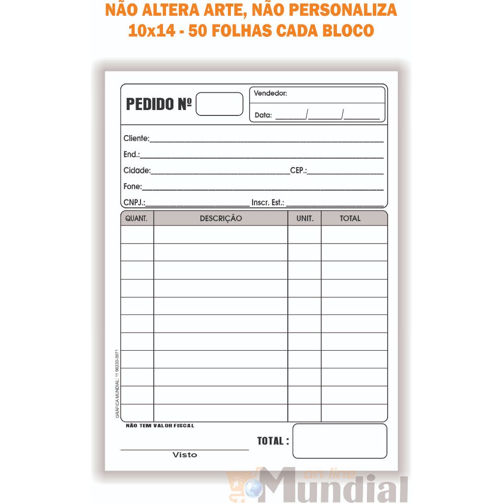 05 Talões Pedido, 1 via off-set, 10x14 c/ 50 folhas cada bloco, Papelaria Orçamento Delivery