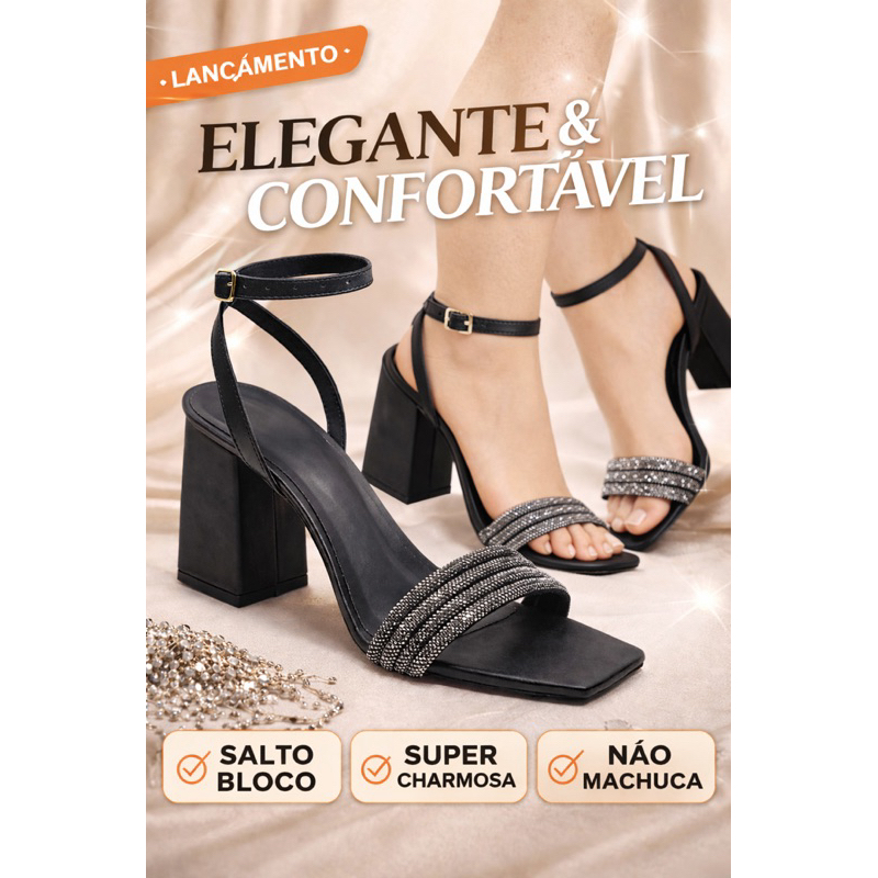 Sandália Feminina Salto Bloco Alto com Tiras Douradas | Sandália Elegante Festa Confortável Moderna 2026