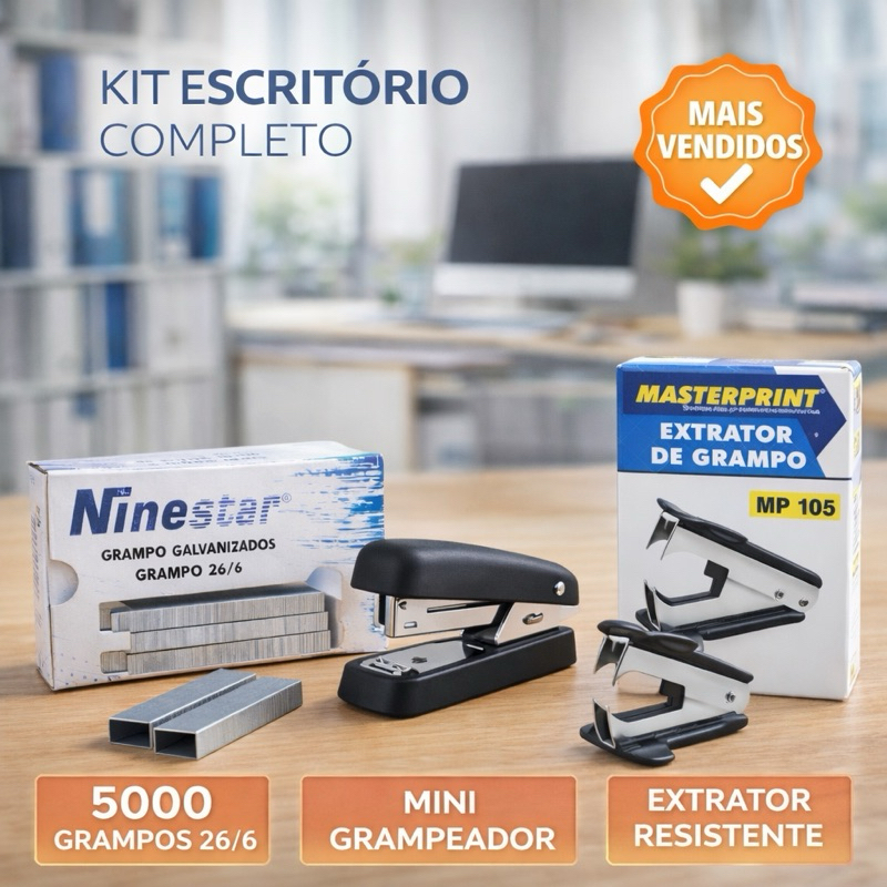 Kit Grampeador Metal 16 Folhas + Extrator de Grampo + Grampos 26/6 5000un Escritório Escola