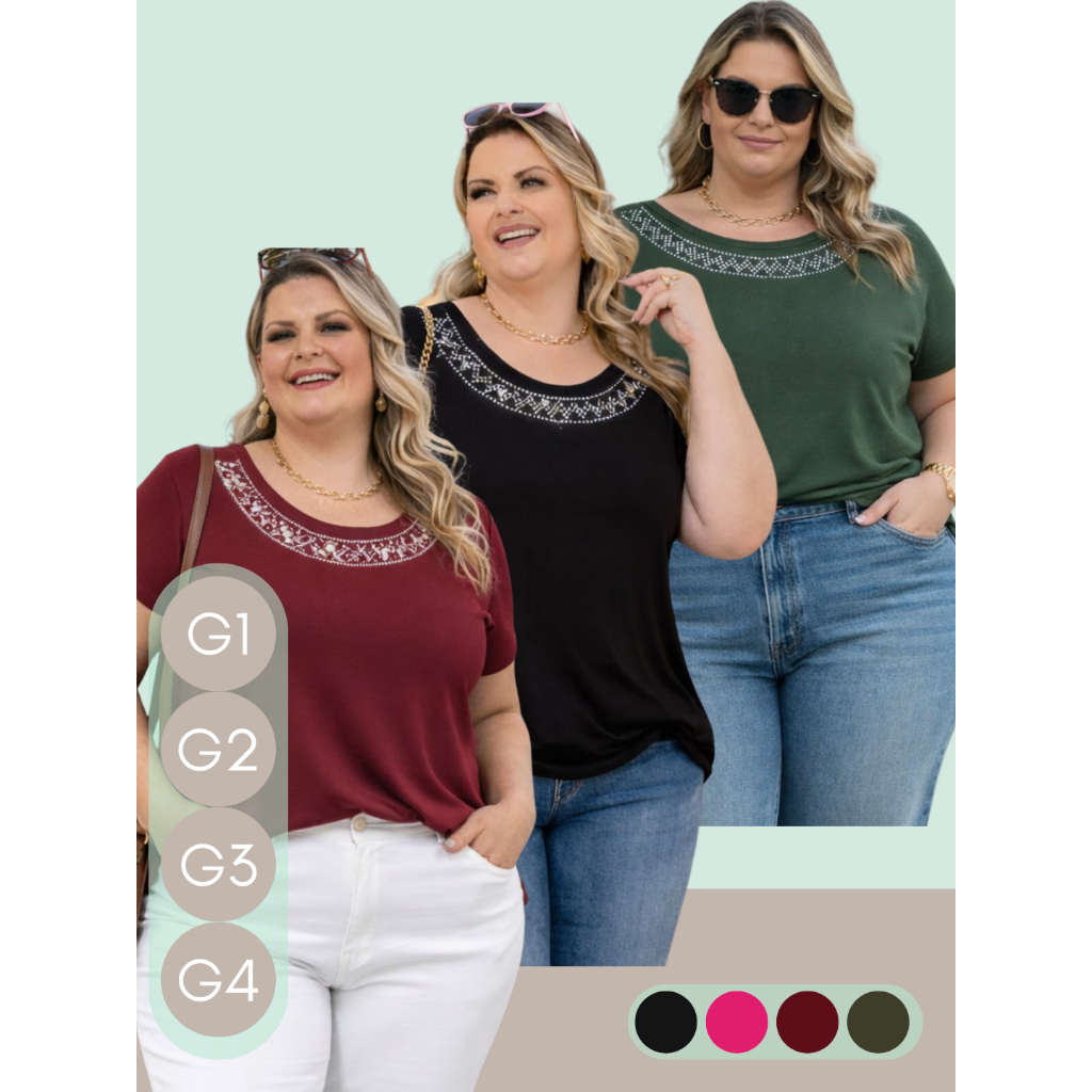 Kit 3 Blusas Plus Size Casual Trabalho Colar de Strass Elegante Conforto Moda Feminina Moderna