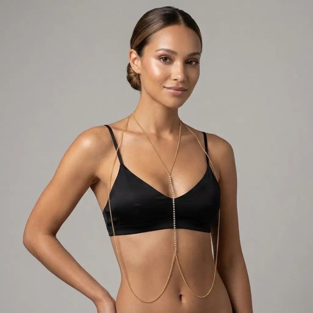 Body Chain Colar de Corpo Dourado Corrente Decote Busto Pérola - Rave Festival Moda Praia Lingerie