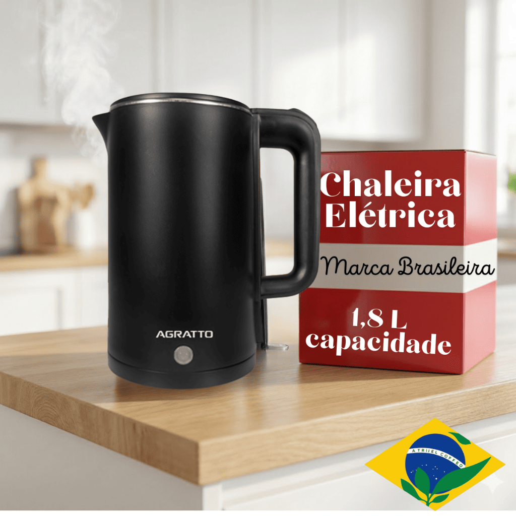 Chaleira Elétrica Agratto Preta 1,8L 127V/220V Inox AROMA ACEP Ferve Água Rápido LED Desligamento automático Base 360º em Oferta na Shopee