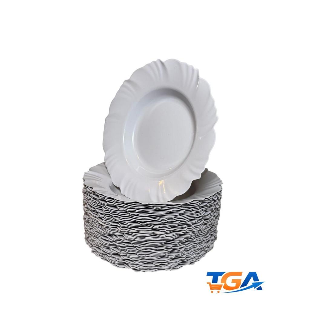 KIT 50 Prato Redondo Branco Plástico Resistente Alta Qualidade Fundo Borda Branco Refeição Churrasco