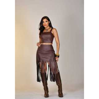conjunto feminina rodeios croppedd + saia bojo ziper nas costas em couro fake em Oferta na Shopee