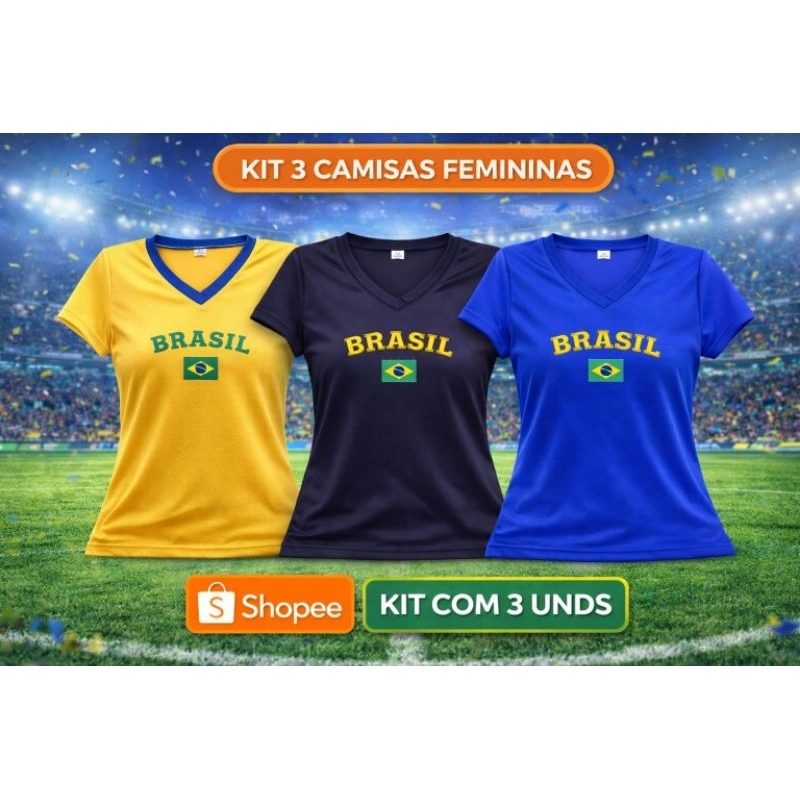 Kit 3 Camisetas Feminina Brasil Gola V Estampa Bandeira confortável e estilosa– Várias Cores