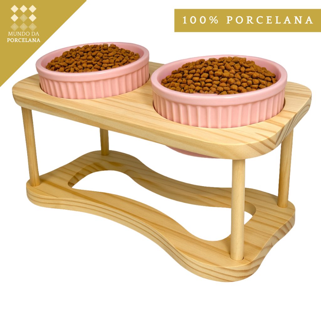 Comedouro Pet Elevado Porcelana Cachorro Gato Luxo Suporte Madeira Premium Tigela Porcelana 320ml