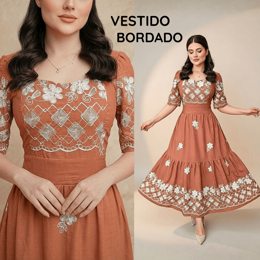 Vestido Longo Bordado Luxo Moda Evangélica Elegante Manga Flare Babado Franzido em Oferta na Shopee