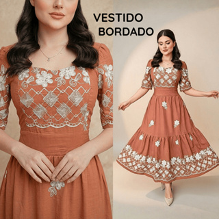 Vestido Longo Bordado Luxo Moda Evangélica Elegante Manga Flare Babado Franzido em Oferta na Shopee