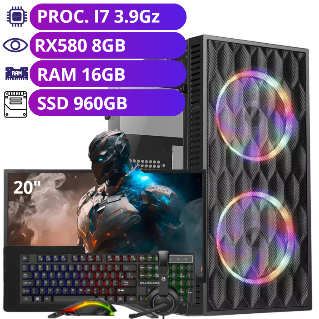 Computador Gamer Completo i7 - 16GB de RAM - SSD 960GB - Placa de Vídeo RX580 - 