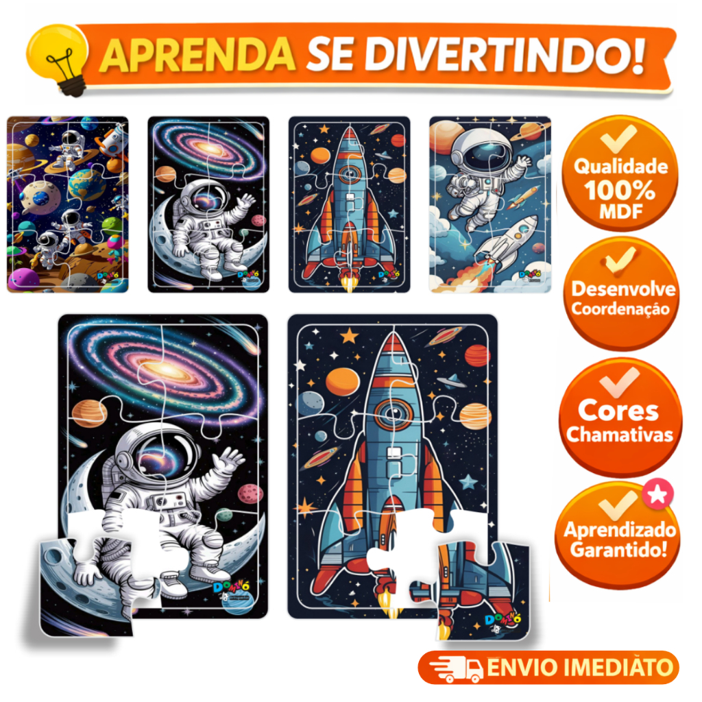 Kit 4 Jogos Quebra Cabeça Educativo Infantil Astronaura Espaço Galaxia em madeira