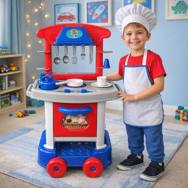Brinquedo Cozinha Infantil Play Time com Acessórios Fogão Forninho Rodinhas Para Meninos Vermelha