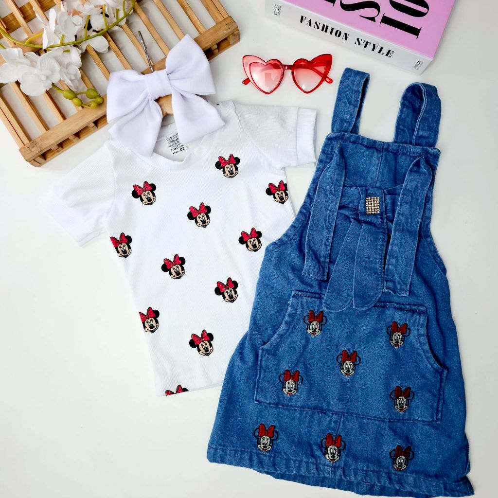 Conjunto Infantil Jardineira Salopete Jeans Bordada Blusa Minie Menina Blogueirinha Vestido Estiloso