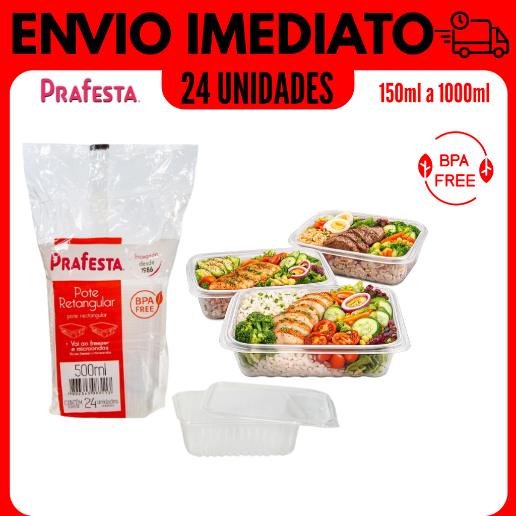Imagem KIT POTE MARMITA DESCARTÁVEL FREEZER MICROONDAS FITNESS COMIDA CONGELADA PRAFESTA 24/48 UNIDADES POTE RETANGULAR