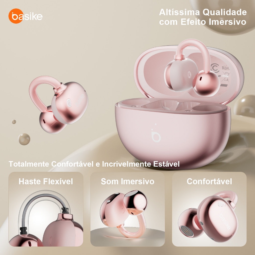 Fone de Ouvido Sem Fio Basike Ba-FON261, TWS, Ear-Clip, 30h de Música, IPX5