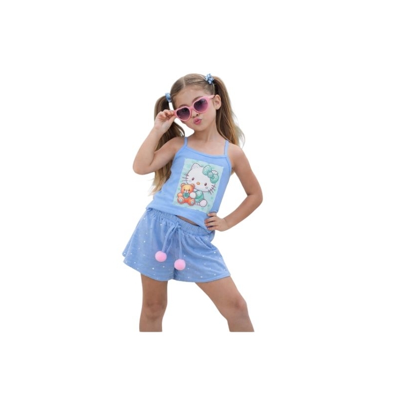Conjunto Infantil Feminino Stitch Blusa+Short Menina Roupa de Verão Infantil Conjuntinho Estampado Moda Kids