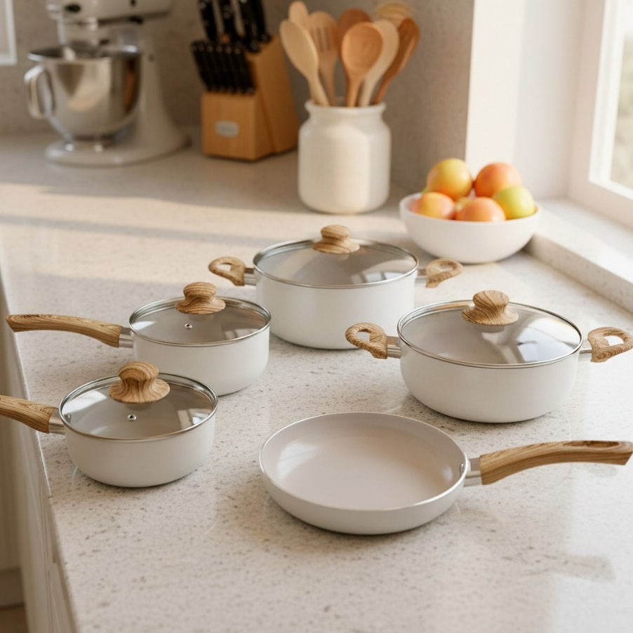 Jogo de Panelas Conjunto 5 Peças Antiaderente Cerâmica com Indução Tampa de Vidro Cozinha Frigideira