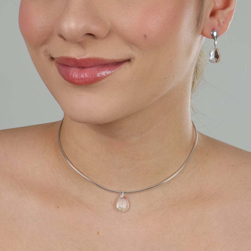 CONJUNTO GARGANTILHA ARO E BRINCOS DE PRATA 925 LEGÍTIMA  COM PINGENTE GOTA EM CRISTAL LAPIDADO