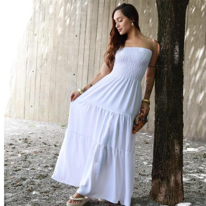Detalhes do Vestido femenino Longo Tomara que Caia elegante DUNA com Lastex no busto