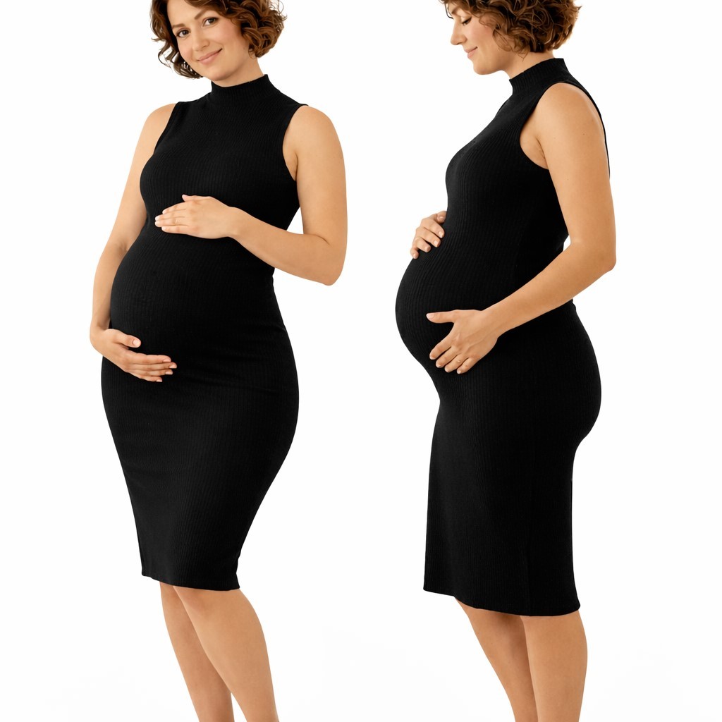 Vestido  Feminino Gestante Canelado Gola Alta Luxo Midi - Não Fica Transparente - Conforto Premium