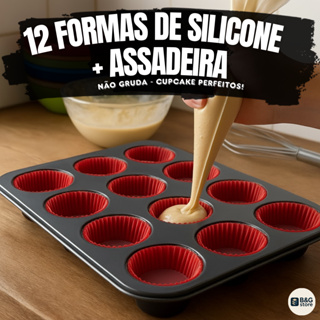 Kit Assadeira Antiaderente + 6 ou 12 Forminha de Silicone Para Cupcake-Muffin-Pão de Queijo-Bolinhos em Oferta na Shopee