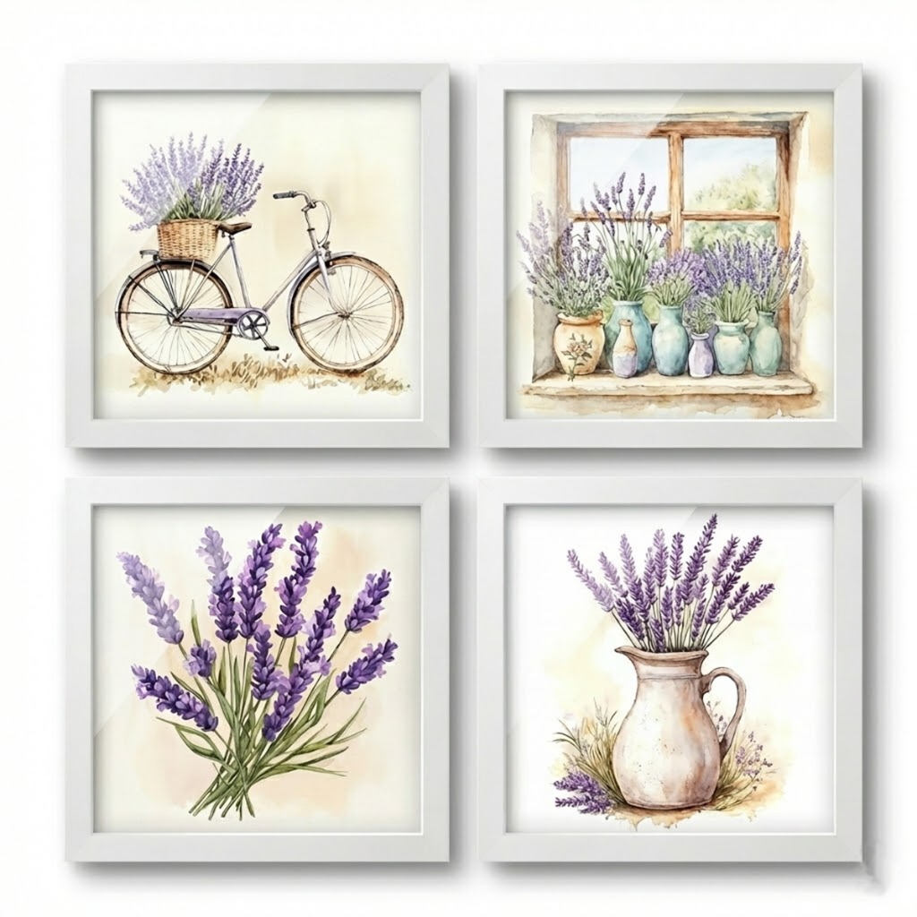 Kit 4 quadros 18x18 cm, banheiro varanda lavanda bike vidro