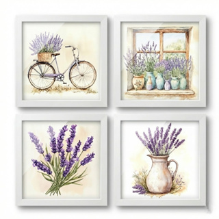 Kit 4 quadros 18x18 cm, banheiro varanda lavanda bike vidro em Oferta na Shopee