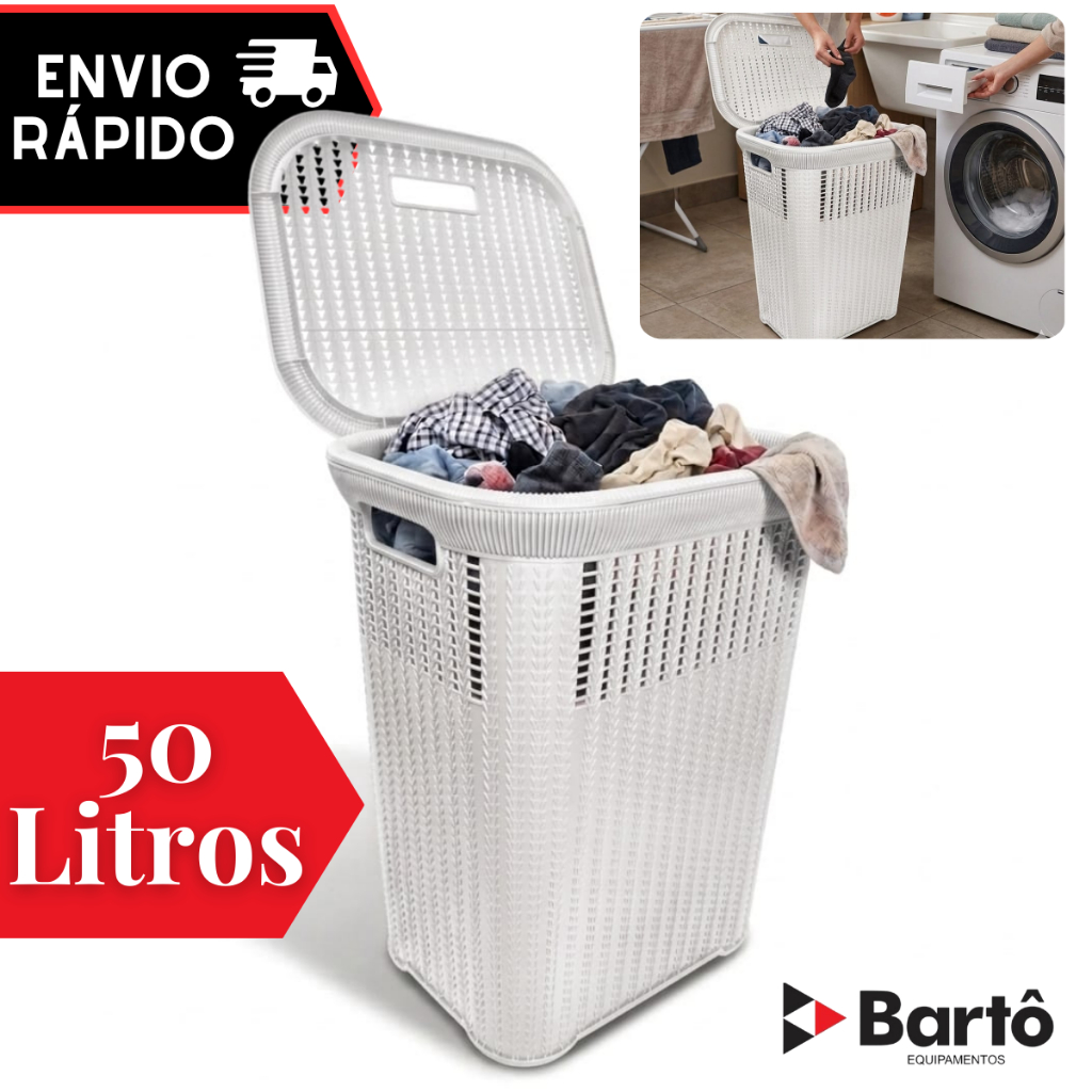 Cesto Telado Rattan 50 Litros Branco Com Tampa Premium Reforçado