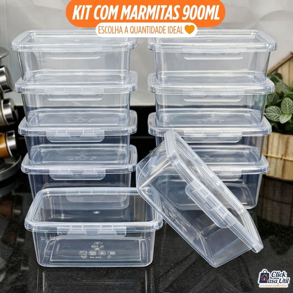 Kit Marmitas Fitness 900ml com Travas Laterais - Plástico Reutilizável, Alimentos, Organizadoras. em Oferta na Shopee