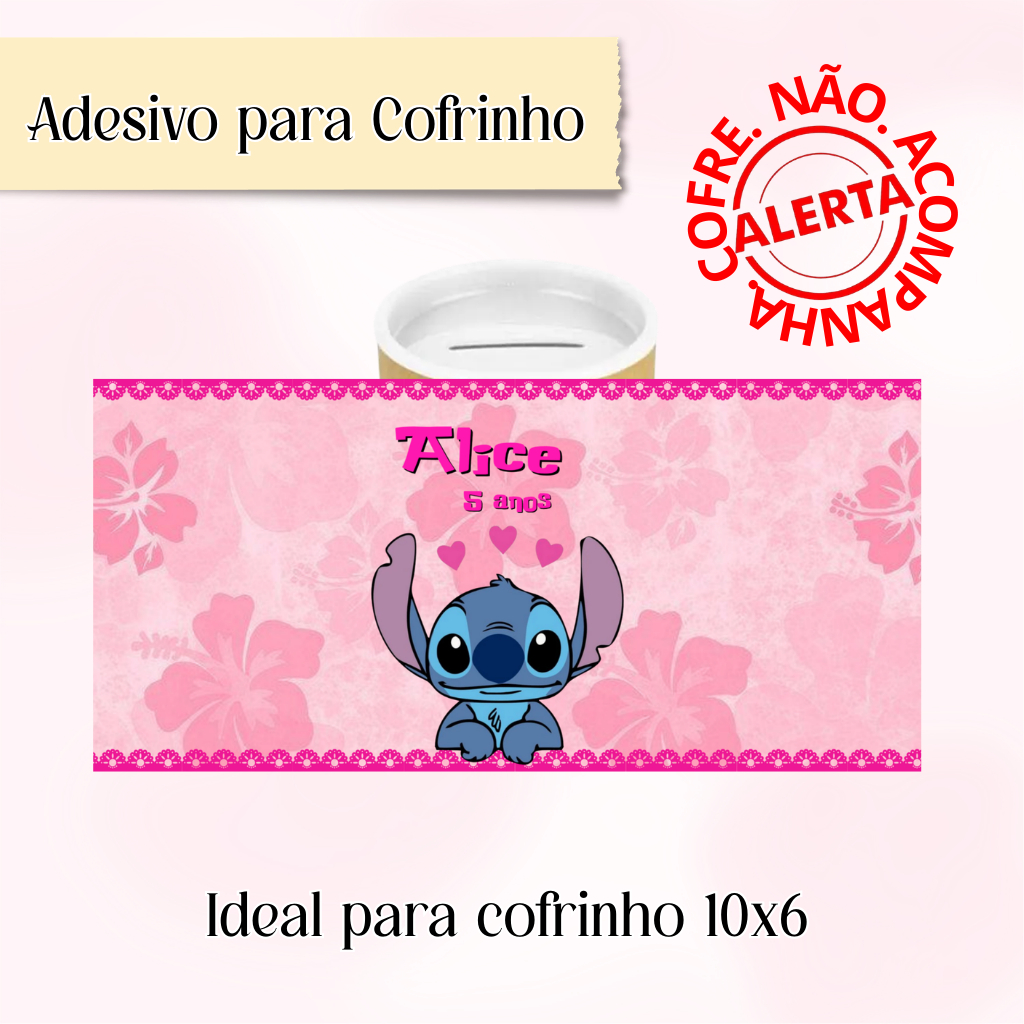 Rótulo Adesivo para Cofrinho Personalizado Stitch - Adesivo Personalizado Cofrinho 10x6 Stitch