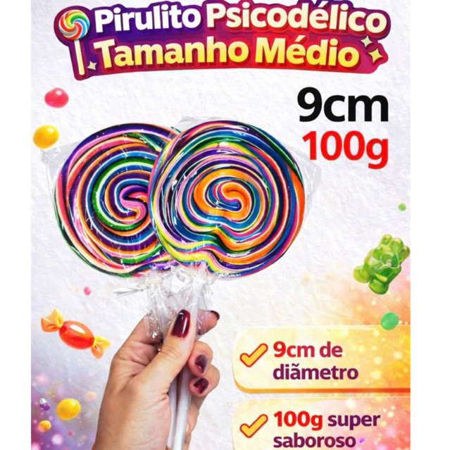 5 Unidades Pirulito Gigante Psicodélico para Festa Chaves, Chiquinha, Kiko 9cm 100g