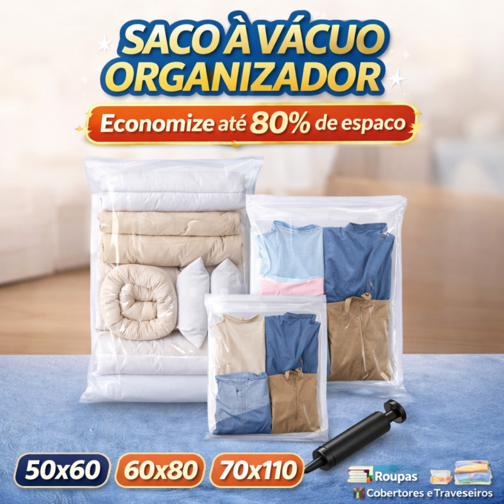 Kit  Saco a Vácuo para Roupas, Edredom Cobertor | 3 Tamanhos COM ou SEM Bomba Plástica Reutilizável