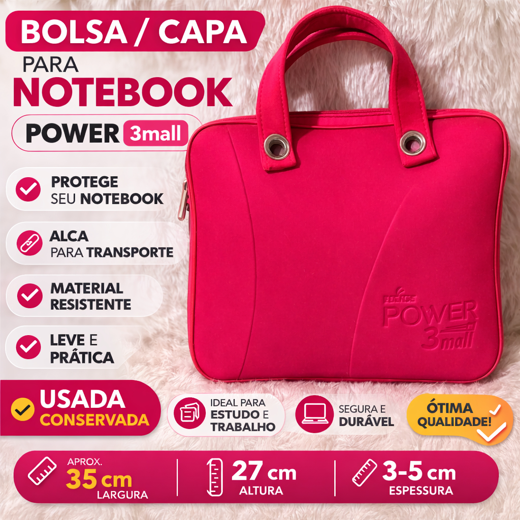 🎒 Bolsa para Notebook Rosa Power 3mall com Alça | Case Laptop Proteção | Usada Conservada Envio Já Brechó