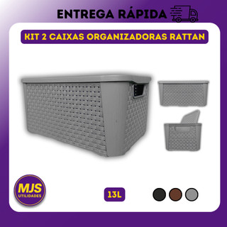 Kit 2 Caixa Organizadora Rattan 13 Litros Multiuso Com Tampa Empilhavel Quarto Banheiro Cozinha 13L