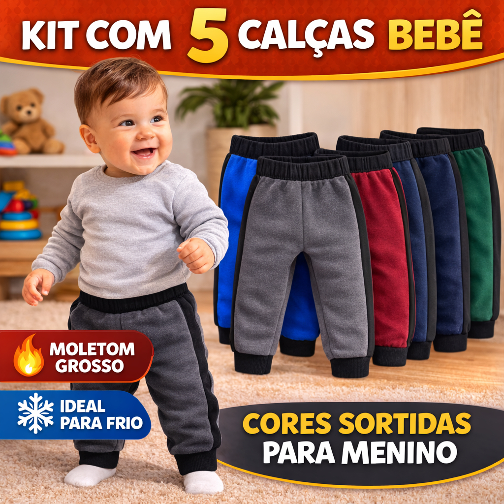 Kit 5 Calças Moletom Bebê Menino Confortável Quentinho Inverno P M G 1 2 3 Oferta