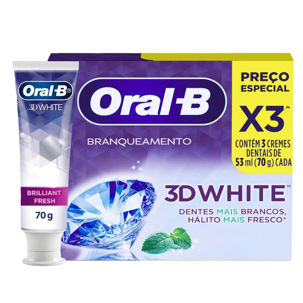 Kit 3x Creme Dental Oral-B 3D White 70g Branqueamento e Hálito Fresco