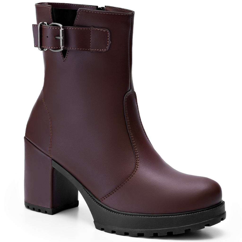 Bota Feminina Lumiss Cano Curto Fivela Salto Bloco Tratorada Confortável Marrom