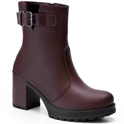 Bota Feminina Lumiss Cano Curto Fivela Salto Bloco Tratorada Confortável Marrom