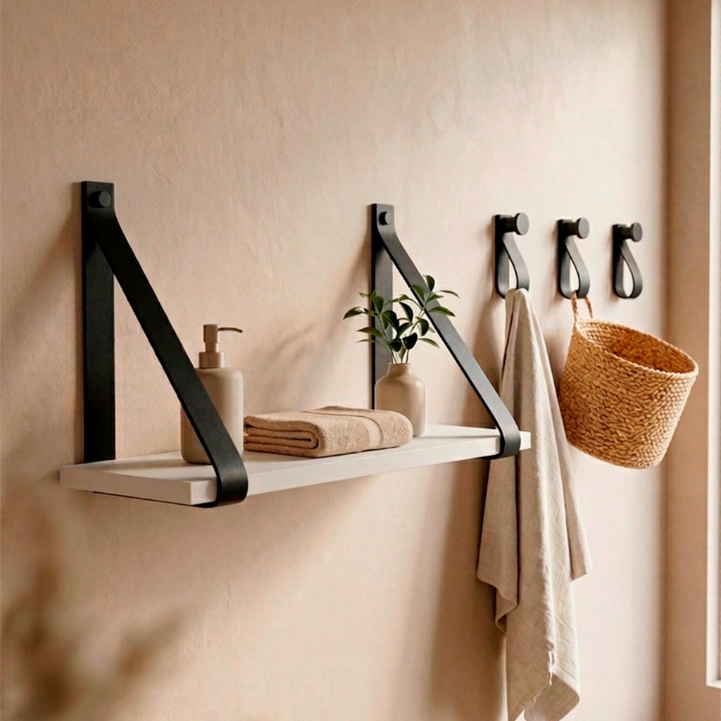 Prateleira Decorativa Suspensa 45x15 Com Alça Couro Prateleira de Cozinha Sala Quarto + 3 Cabideiros