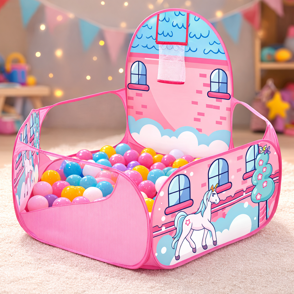 Piscina de Bolinhas Barraca Infantil Cercadinho Dobrável com Cesto de Basquete Unicórnio Rosa