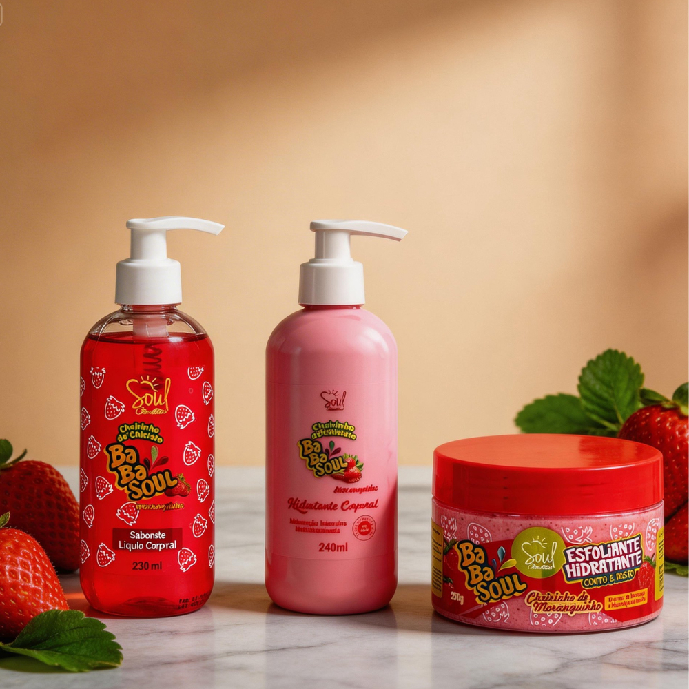 Kit Completo Hidratante Sabonete Líquido Esfoliante BabaSoul Corpo e Rosto Cheirinho Chiclete Feminino Loção Morango