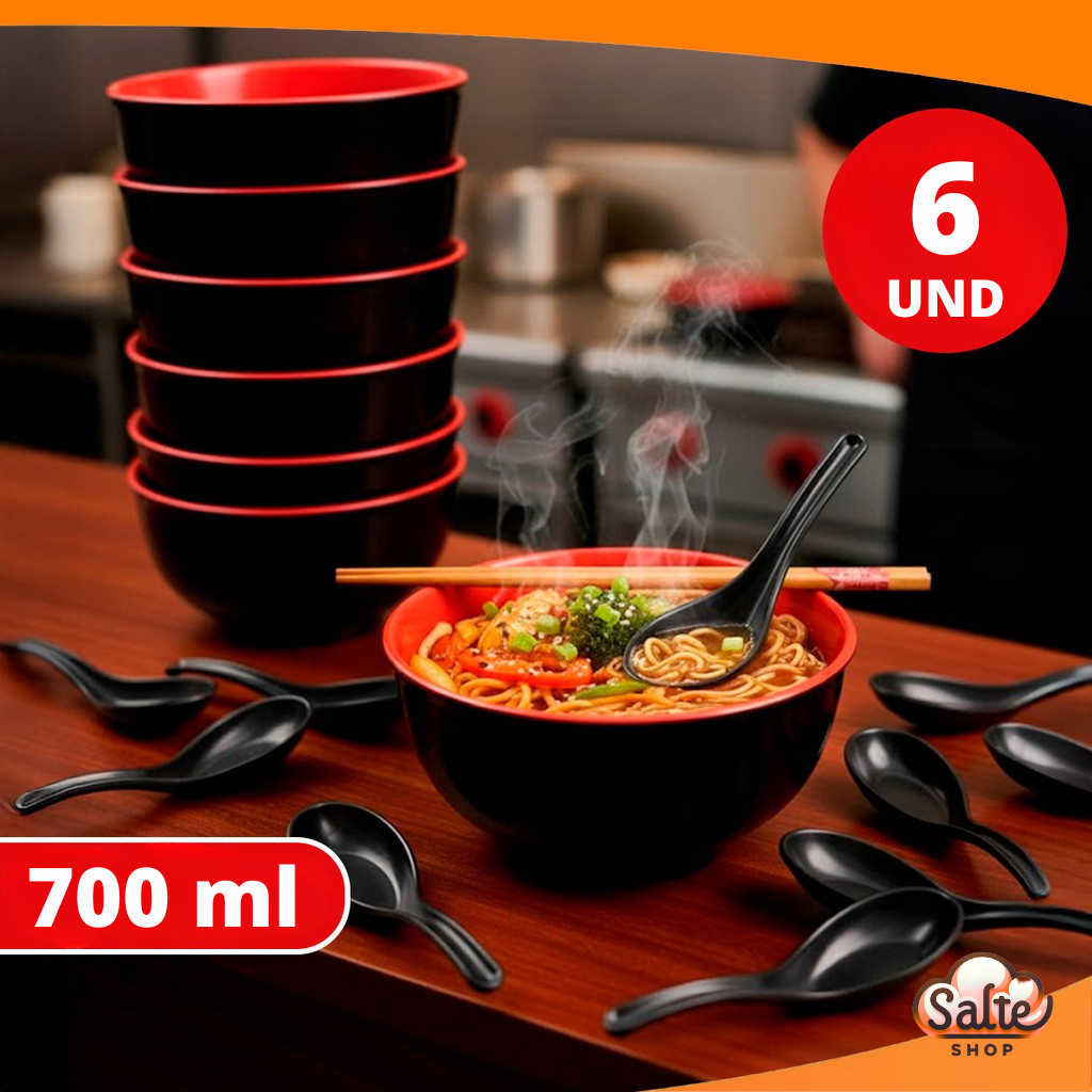 Kit 6 Tigelas Oriental  Melamina Bowl Preta Vermelha 700ML Japonês Profissional Misso Restaurantes