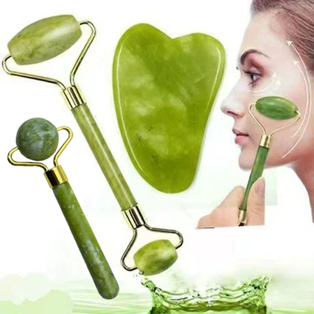 KIT 2/3 Peças Ferramenta de Massagem e Gua Sha de Pedra Natural - Rolo e Placa de Jade Verde e Cristal em Oferta na Shopee