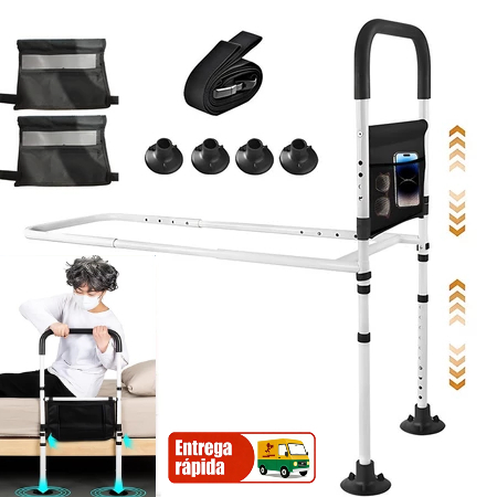 Barra de Apoio Cama Lateral Grade Segurança Proteção para Idoso Criança Ajustável 83-113cm c/ 2 Bolsas