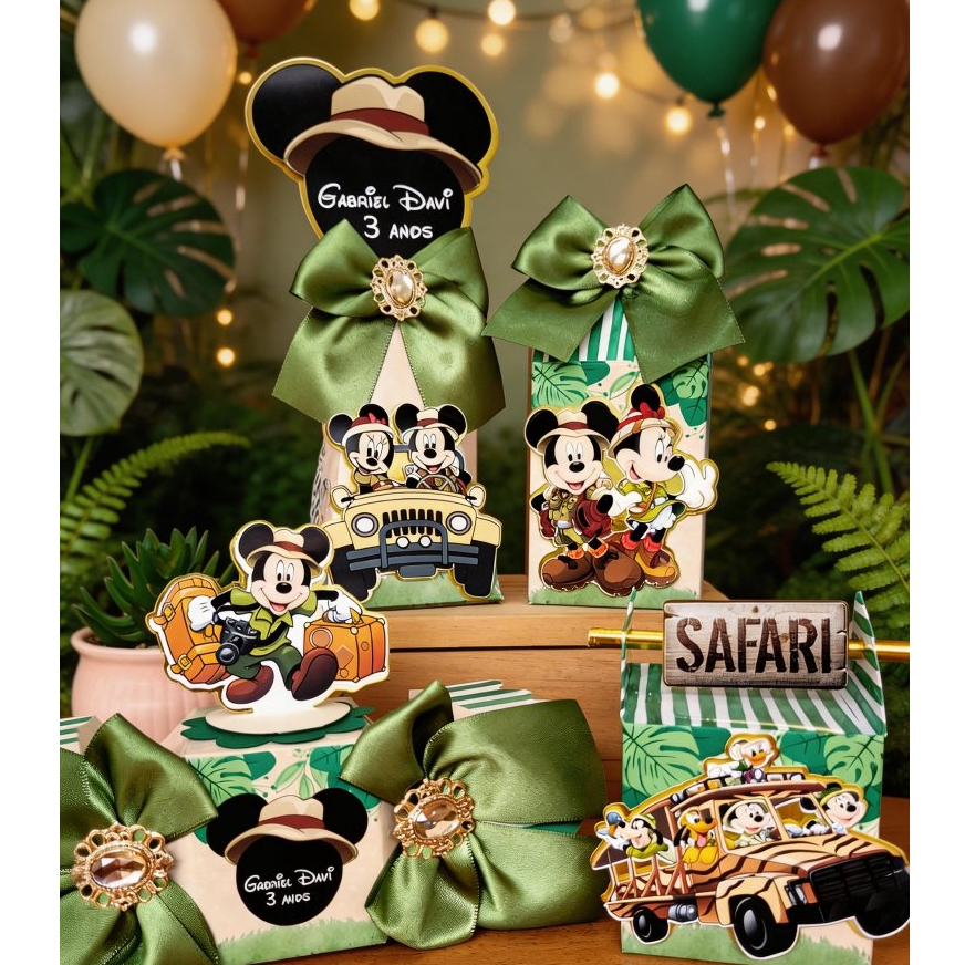 Kit Luxo Personalizado MICKEY SAFARI | Aniversário | CAIXAS MONTADAS C/ APLIQUE 3D E LAÇO