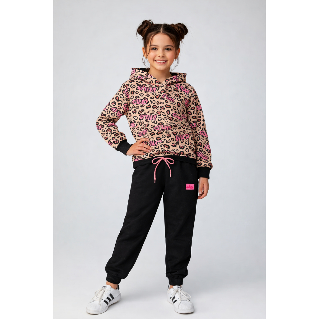 Conjunto Infantil Feminino Moletom Estampado com Capuz + Calça Moletom Menina Inverno l78