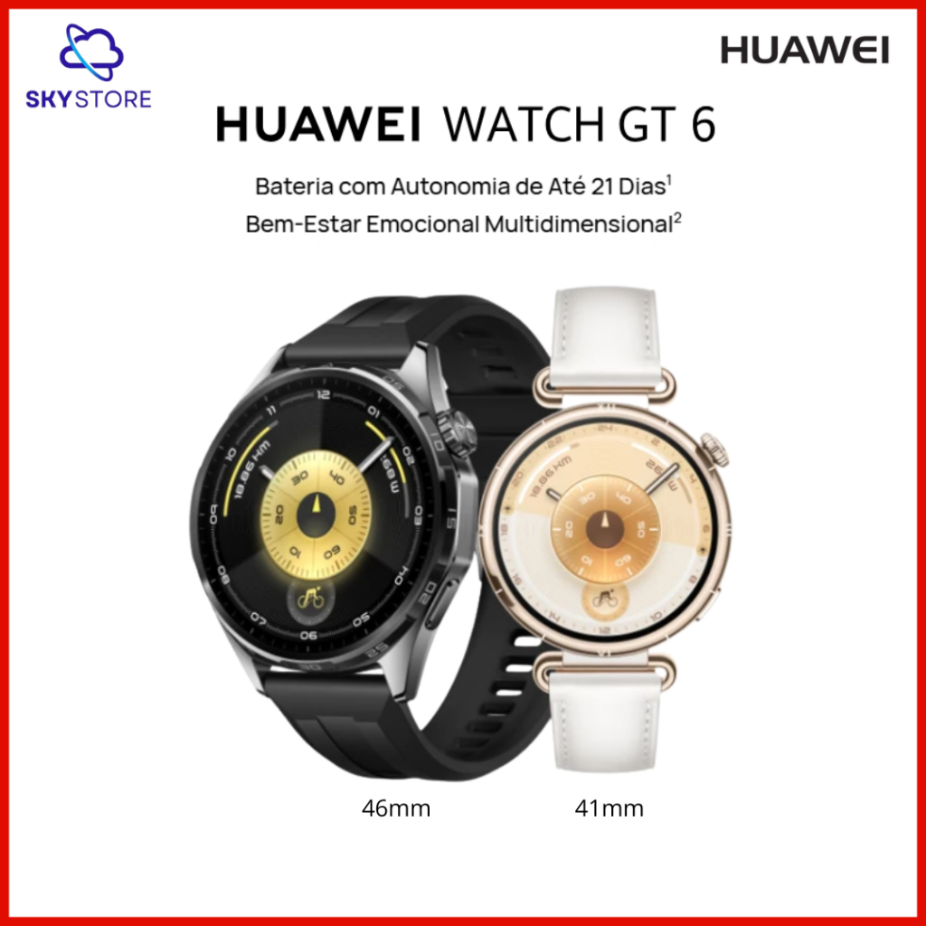 HUAWEI WATCH GT 6 Smartwatch Relógio Digital Potenciômetro de Ciclismo no Pulso GPS Integrado, 41mm e 46mm