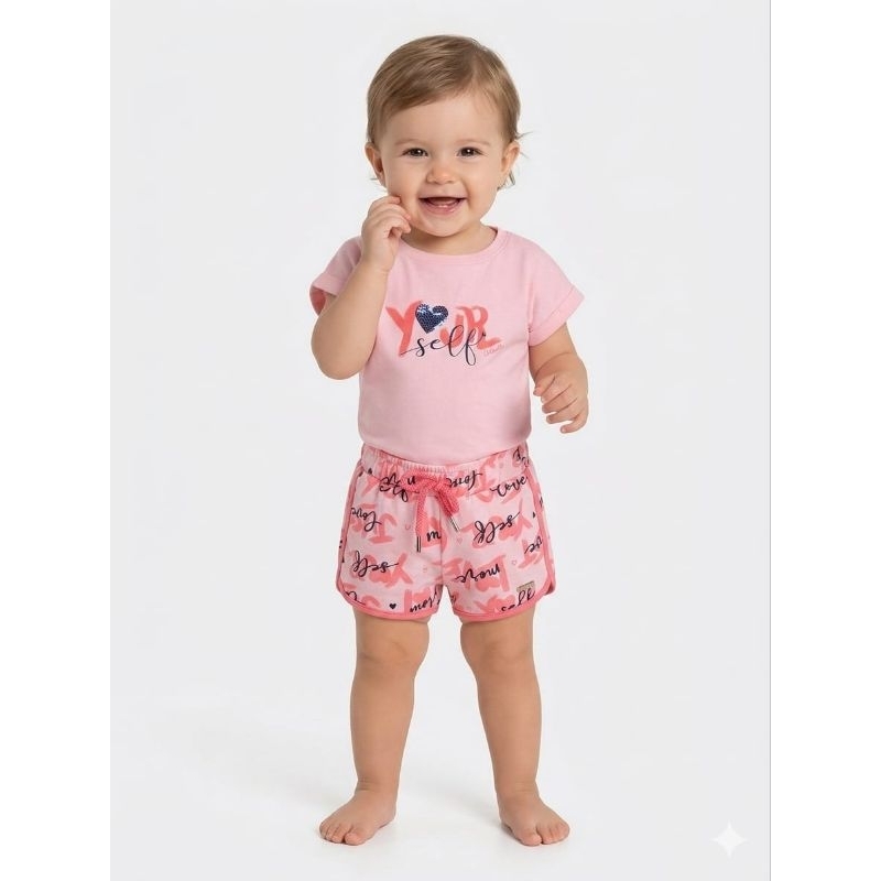Conjunto Infantil Bebê Menina Camiseta Rosa “Yourself” + Short Estampado Confortável Verão
