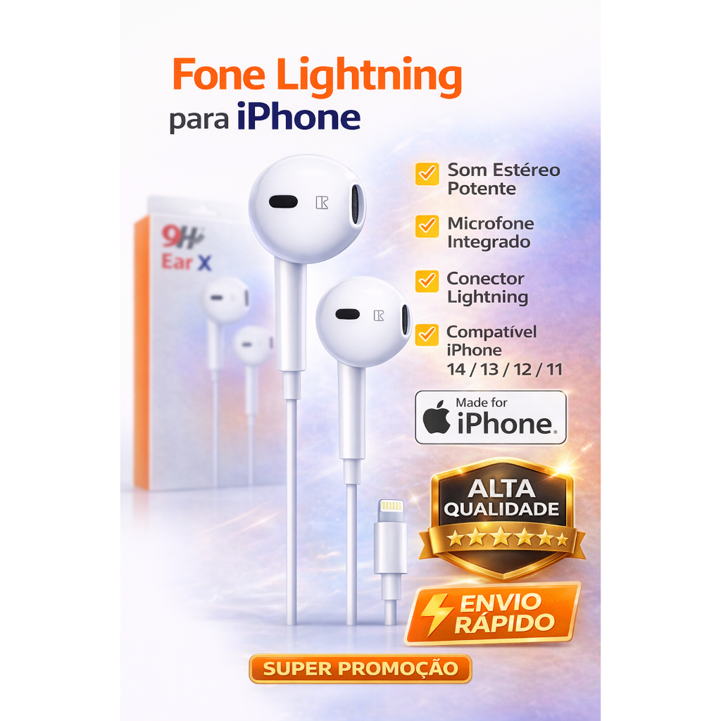 Fone Lightning para iPhone Som Estéreo Alta Qualidade Microfone Compatível iPhone 7 8 XR 11 12 13 14 em Oferta na Shopee