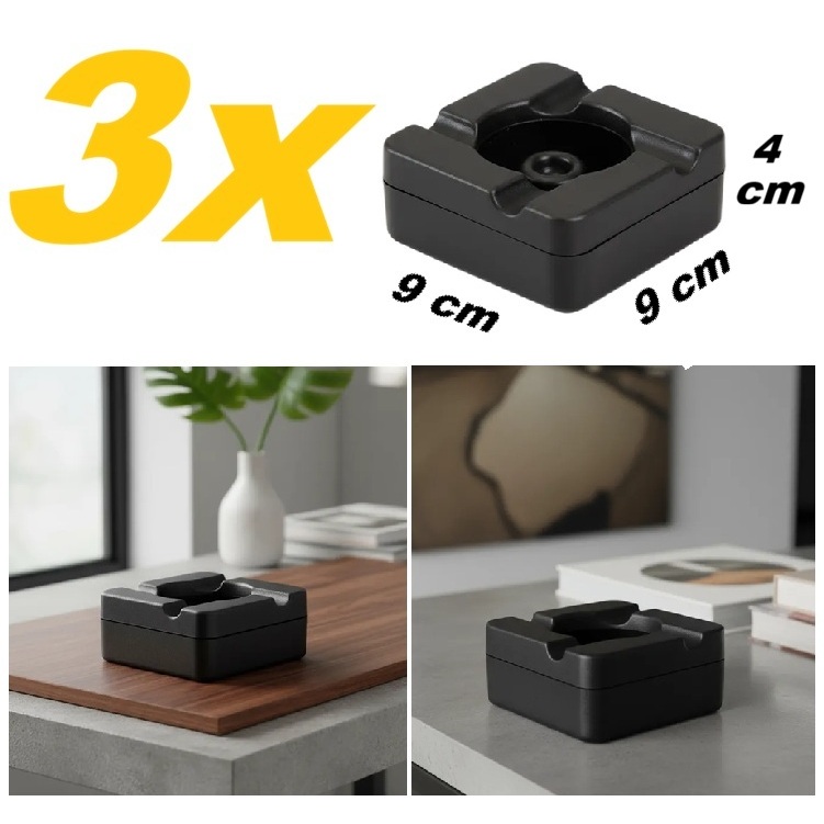 Kit 3 Cinzeiros Preto com Apagador Reservatório Prova de Vento Lavável