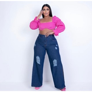 Calça Wide Leg Plus Size Pantalona Jeans Rasgada cintura alta 46 ao 52
